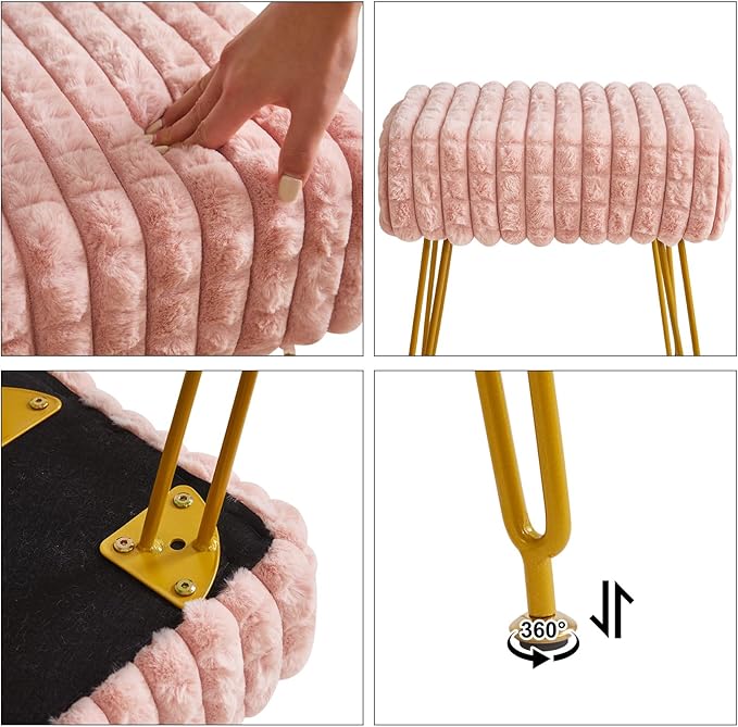 IBUYKE Rectangular Footrest Stool Ottoman, Makeup Vanity Stool Side Table, Velvet Dressing Table Seat, Footstool Chair, Golden Steel Legs, for Makeup Room, Bedroom, Square Grid Pattern, Pink WBD003P