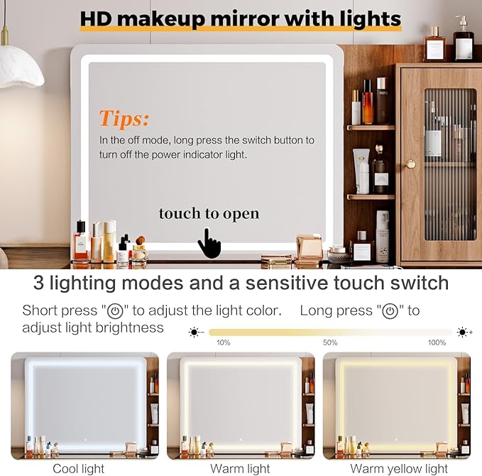 Arulvmrn Vanity Desk with 29.53" HD Lighted Mirror, 47.24" Big Modern Vanity Desk with Mirror and Lights, Makeup Vanity with 5 Drawers and Storage Shelves and Charging Station,Brown