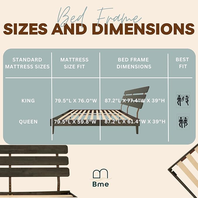 Bme Caden King Size Bed Frame and Adjustable Headboard, 15 Inch Mid Century Retro Style - Solid Acacia Wood - No Box Spring Needed - 12 Strong Wood Slat Support - Easy Assembly - Charcoal Mocha