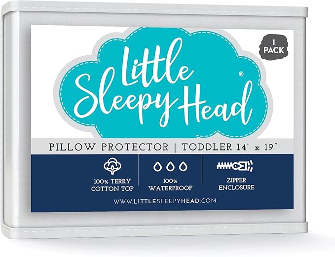 Little Sleepy Head Toddler Waterproof Pillow Protector (1-Pack), Zippered Pillowcase Covers 13x18 and 14x19 Soft Terry Cotton, Hypoallergenic, Noiseless, Waterproof Pillow Protectors for Kids