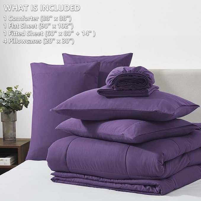 CozyLux Queen Comforter Set Purple, 7 Pieces Bed in a Bag, Purple Comforters Queen Size, All Season Bedding Sets with Stitch Quilted Comforter, Flat Sheet, Fitted Sheet, Pillowcases