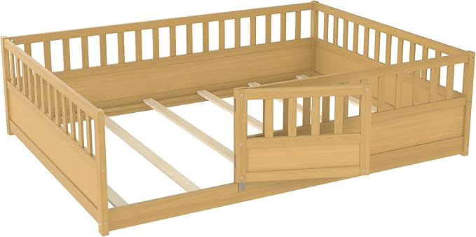 Bellemave Full Size Floor Bed with Slats and Door, Full Size Montessori Floor Bed with Rails, Easy Assemble Montessori Beds Frame for Bedroom, Natural