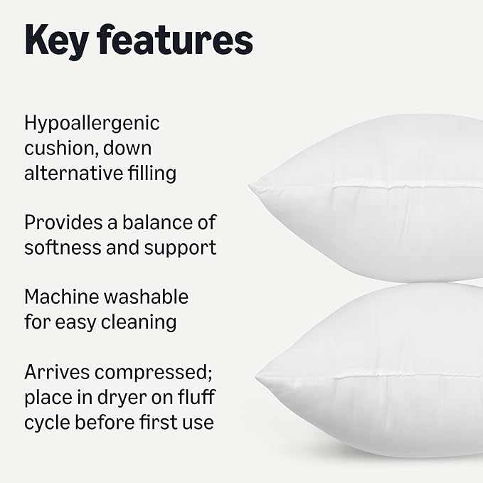 Amazon Basics Square Hypoallergenic Pillow Insert, Sofa Bed Couch Decorative Stuffer, 18 inch, Machine Washable, Compressed, Soft, 4-Pack