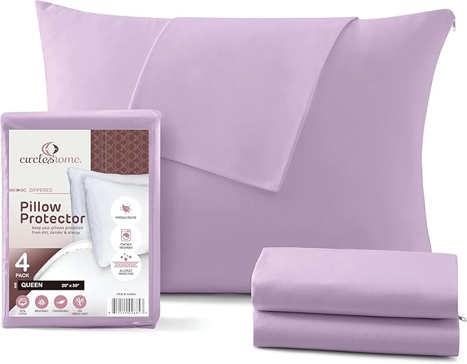 CirclesHome Pillow Protectors 4 Pack Queen Zippered - 100% Cotton Breathable Pillowcases - Protects Pillows from Dirt, Dust and Debris (Queen- Set of 4 - 20x30)