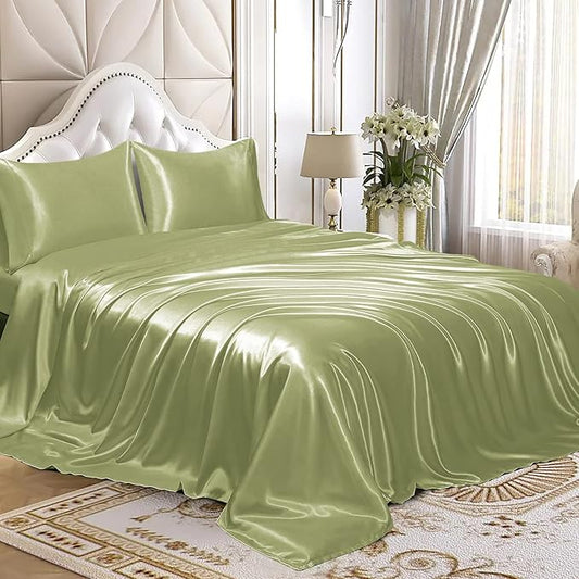 Homiest 4pcs Satin Sheets Set Luxury Silky Satin Bedding Set with Deep Pocket, 1 Fitted Sheet + 1 Flat Sheet + 2 Pillowcases (Queen Size, Sage Green)