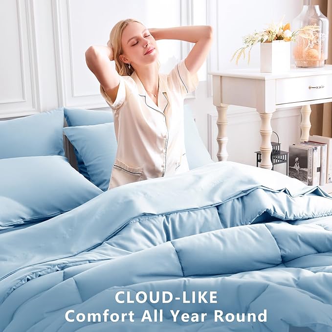 CozyLux Oversized Queen Comforter Sets Baby Blue, 7 Pieces Bed in a Bag, Ultra-Soft All Season Bedding Sets with Stitch Quilted Comforter, Flat Sheet, Fitted Sheet, Pillowcases