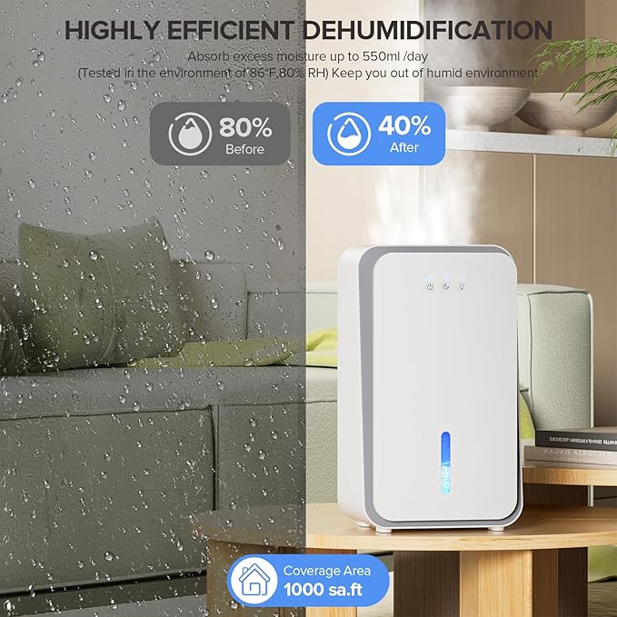 Dehumidifier for Home,1000 sq.ft Dehumidifier for Basement Bathroom Bedroom with Auto Shut Off, Built-in Aromatherapy Diffuser,7 Colors LED Light, Quiet Dehumidifiers with Sleep Mode(CS08-Cream)