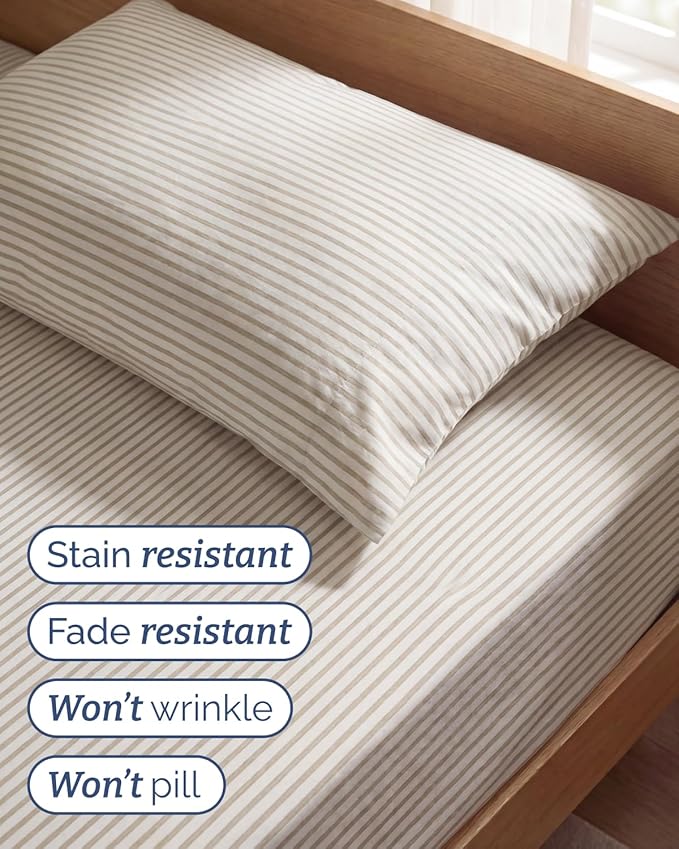 Twin Size 3 Piece Sheet Set - Comfy Breathable & Cooling Sheets - Hotel Luxury Bed Sheets for Women & Men - Deep Pockets, Easy-Fit, Soft & Wrinkle Free Sheets - Beige Stripes Oeko-Tex Bed Sheet Set