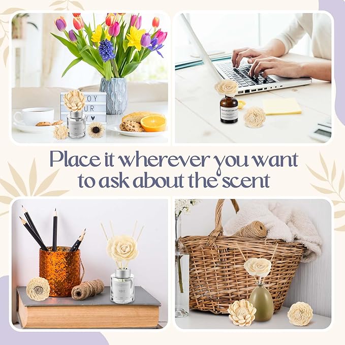 Waydress 15 Pcs Diffuser Mixed Sola Flowers Natural Material Aromatherapy Reed Wood Flowers Decorative Aromatherapy Flower Placement Refill Wood Flower Diffuser with Rope(3.15-3.35 Inches,Fresh)