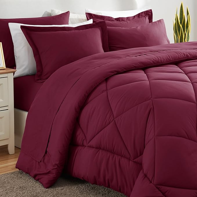 CozyLux Full Size Comforter Sets Burgundy - 7 Pieces Bed in a Bag Full, Luxury Soft Bed Set for All Seasons, Bedding Set with Down Alternative Comforter, Sheets, Pillowcases & Shams, Red