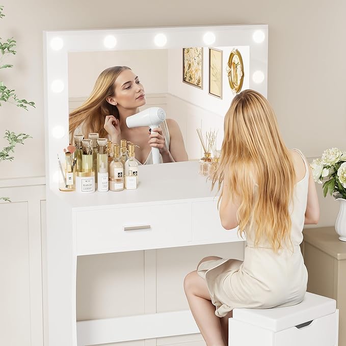 YESHOMY Vanity Desk with Mirror, Makeup Table with 11 Adjustable Lights and 2 Spacious Drawers, Soft-Padded Storage Stool, 3 Lighting Modes with Control, for Bedroom, Snow White