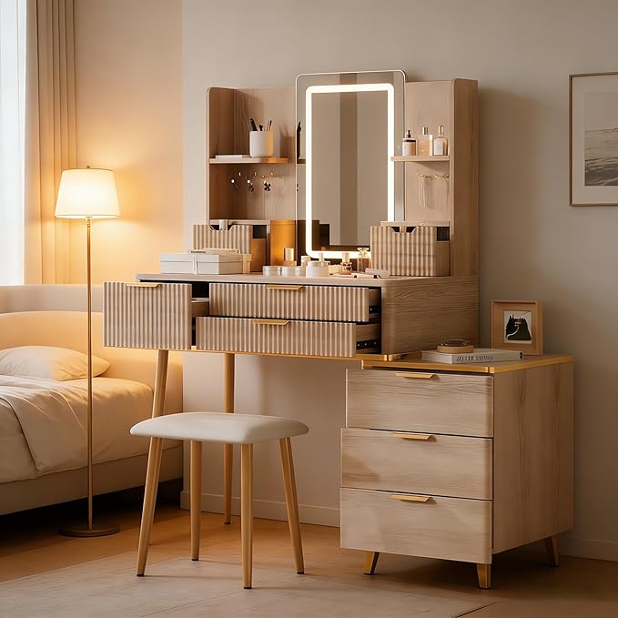 Casaphoria Vanity Desk with LED Mirror & 7 Drawers, Fluted Yellow Brown Dressing Table with Stool for Bedroom Makeup & Jewelry Storage