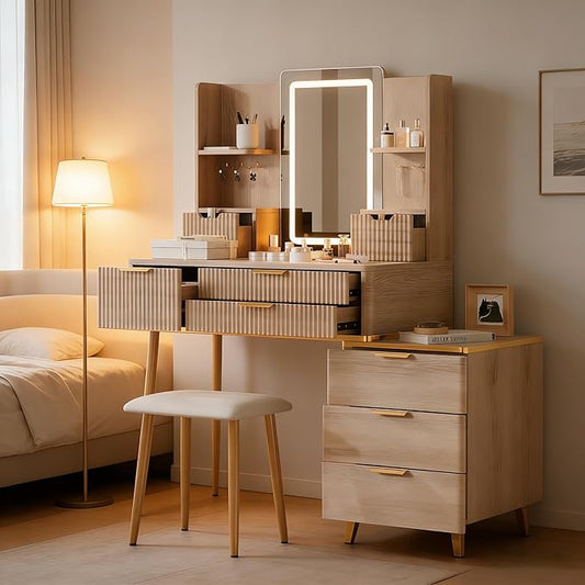 Casaphoria Vanity Desk with LED Mirror & 7 Drawers, Fluted Yellow Brown Dressing Table with Stool for Bedroom Makeup & Jewelry Storage