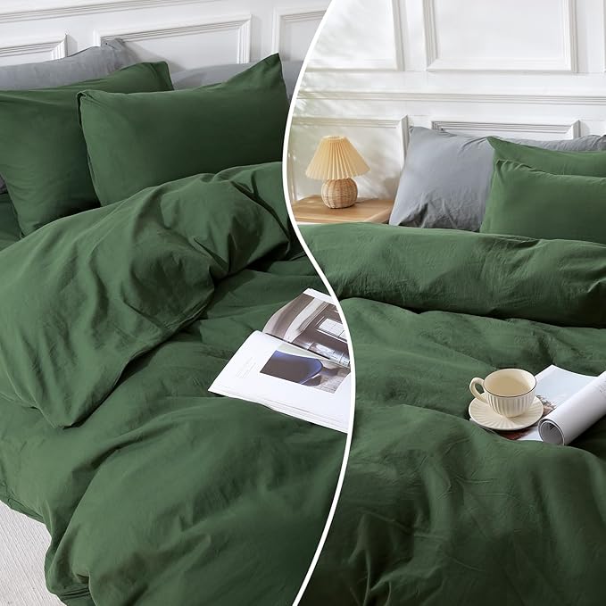 NEXHOME PRO Duvet Cover Set 100% Washed Cotton Full Size Linen Feel Textured Organic Natural 3 Pieces Bedding Set with Zipper Closure and Corner Ties, Breathable, Soft (Forest Green, No Comforter)