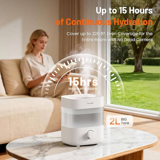 Humidifiers for Bedroom, 2L Tank for 15H, 20dB Quiet Mist Time, 7 Color Light, 360° Rotating Nozzles, Auto Shut-Off, Rotate to Adjust Mist, Top Fill Humidifier for Baby Nursery and Plant (White)