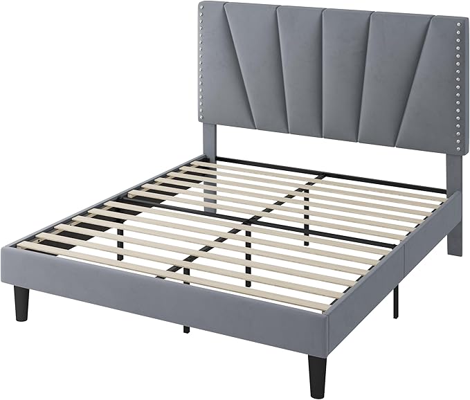 SHA CERLIN Full Size Bed Frame with Adjustable Upholstered Velvet Rivets Headboard, Sturdy Wooden Slats, Strong Platform Support for Mattress, No Box Spring Needed, Easy Assembly, Grey