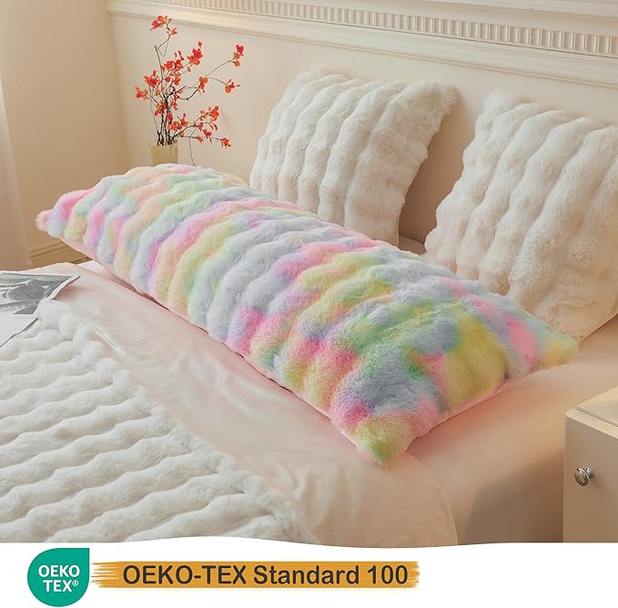 LIFEREVO Fluffy Faux Rabbit Fur Body Pillow Cover, Cozy Tie Dye Bubble Shaggy Plush Bed Body Pillowcase with Zipper Closure, Long 20"x54" Fuzzy Furry Pillow Case for Bedroom Home Decoration, Rainbow