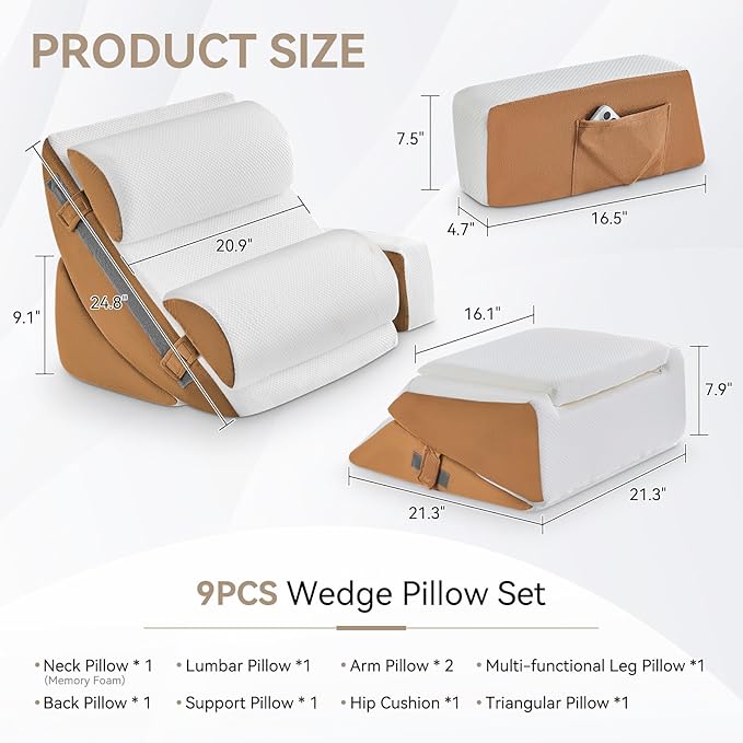 Yojoker 9PCS Orthopedic Bed Wedge Pillow Set for Sleeping, Back and Leg Pain Relief, Post Surgery Foam Pillow for Body, Triangle Adjustable Support Pillow - Acid Reflux Sleeping Pillows Brown