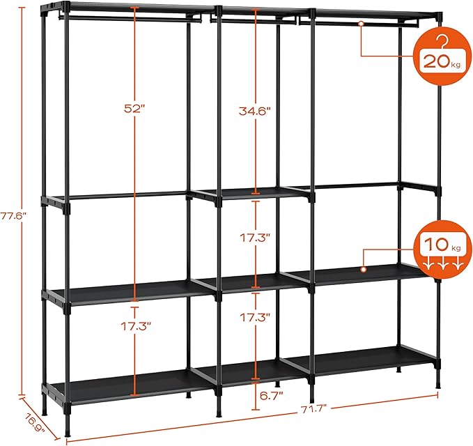 CASAMAYA Clothes Rack, Portable Closet, 71.7 Inch Large Capacity Wardrobe Closet, Clothes Storage Organizer with Shelves and 3 Hanging Rods, Easy to Assembly, Black PCT035B01
