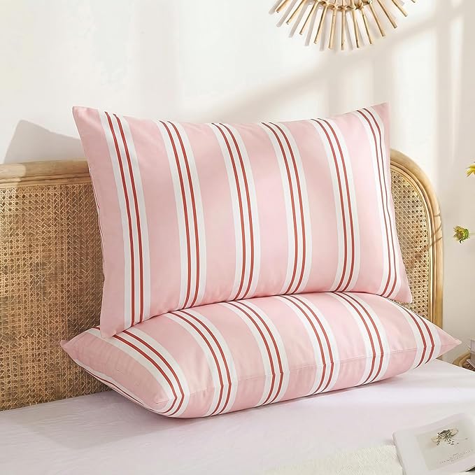 Merryword King Size Pillowcases, 100% Cotton Pillow Cases, Pink Striped Pillowcases, Soft Breathable Ribbon Stripe Pillow Covers, Set of 2