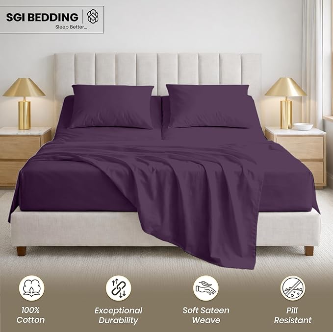SGI bedding 36" Queen Split Top Flex Head Sheet 100% Egyptian Cotton 1000 Thread Count Flex Top Sheet for Adjustable Bed 4Pc Sheet Set 15" Deep Pocket for Sleep Number Bed - Plum