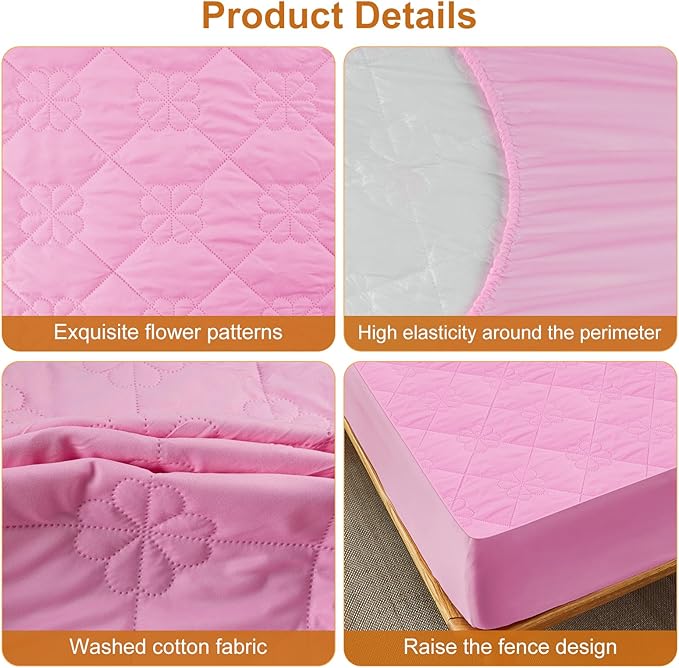 Waterproof Mattress Protector, Noiseless King Size Mattress Pad with Deep Pocket Fitted Up to 6-12 inches, Soft Breathable Bed Mattress Cover Washable for Bedroom, Hotel (1, Pink, King)