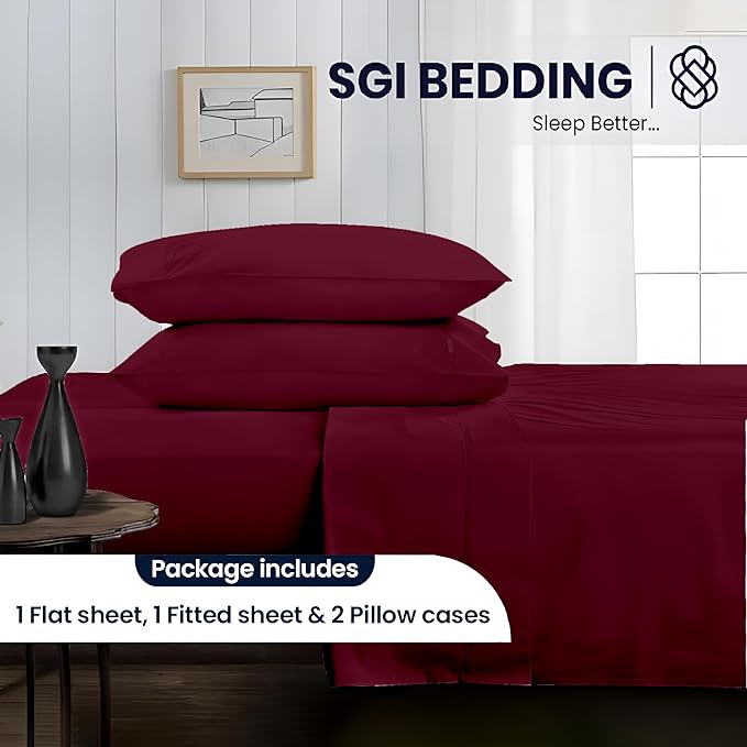 SGI bedding 100% Egyptian Cotton Sheets Twin XL Size – 600 Thread Count Sheets Set, Soft, Cooling, 15" Deep Pocket, Luxury Hotel Bedding, Breathable, Durable - Burgundy