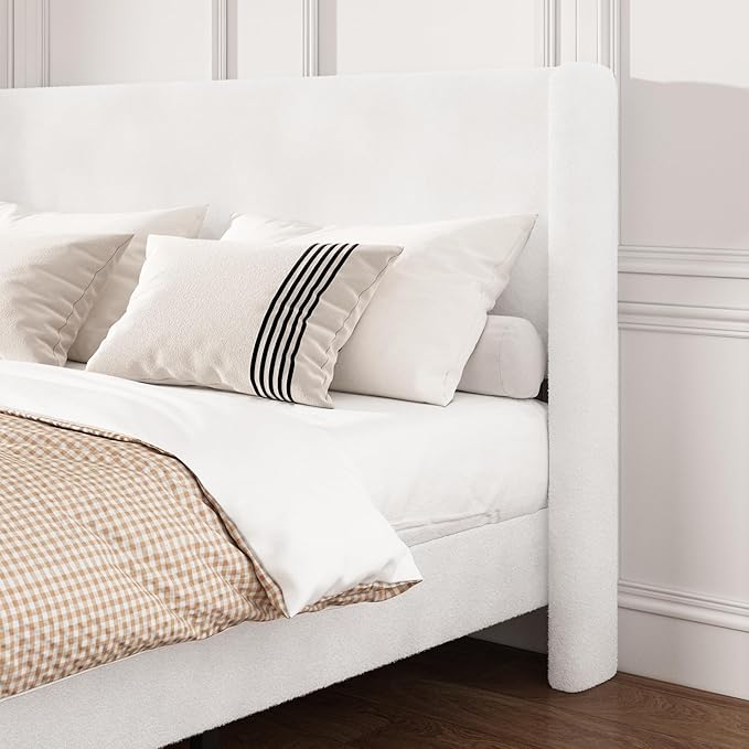 King Boucle Bed Frame, Platform Bed with Upholstered Wingback Headboard, Strong Wooden Slats Support, Noise-Free, No Box Spring Needed, Easy Assembly, White