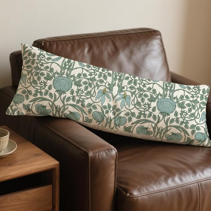 Vintage Green Floral 20x54 Body Pillow Cover, Cottagecore Room Decor, Retro Green Flowers Botanical Art Nouveau Decorative Long Body Pillow Cases for Bed Couch