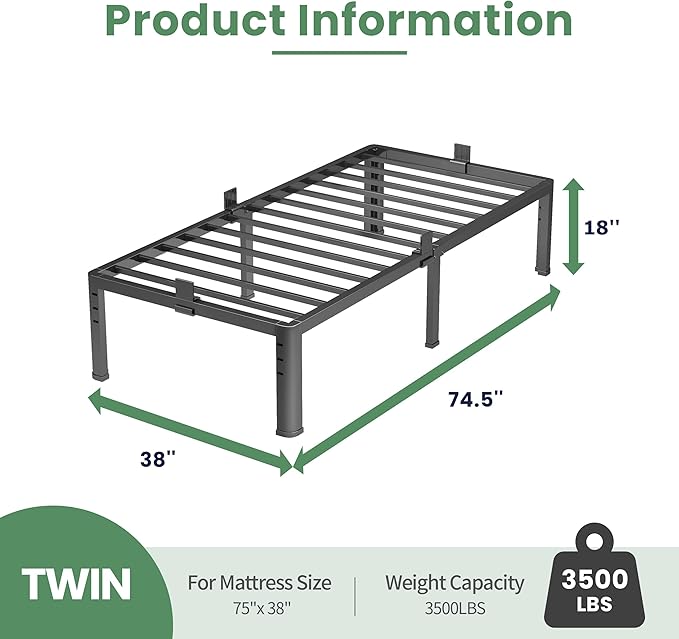 NKZ 18 Inch Metal Platform Bed Frame, Twin Size Bed Frame with Round Corner Legs, 3,500 lbs Heavy Duty Steel Slats Support, No Box Spring Needed, Easy Assembly, Noise Free