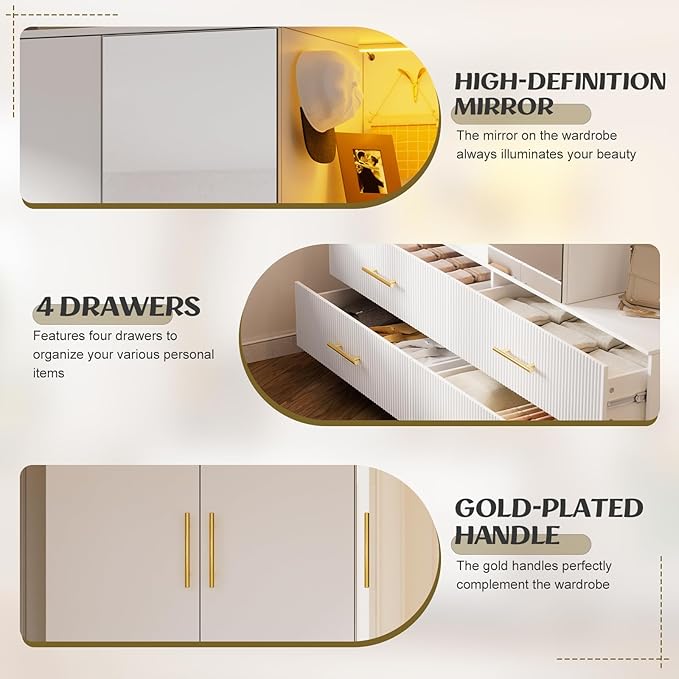 PAKASEPT 3 Door Armoire Wardrobe Closet, 70.87" H Bedroom Armoires with Drawers, Mirror, LED Light, Hanging Rod, Side Hooks, Large Capacity Storage Wardrobe Armoire for Bedroom