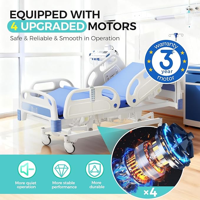 5 Function 600LBS Full Electric Hospital Bed, Beds for Home Use, Special Needs Medical Bed for Seniors with Mattress, Adjustable Hospital, Frame IV Pole, Medical Equipment Beds