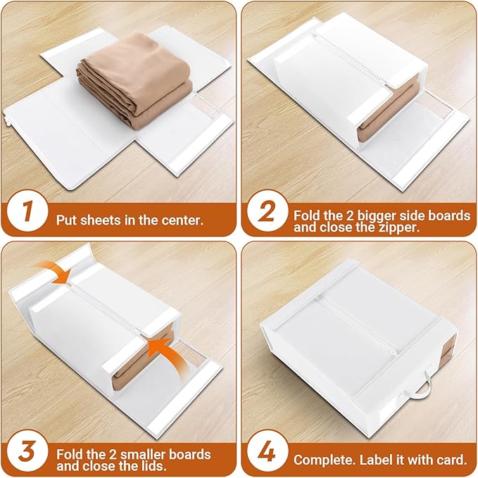 StorageTastic 4 Pack Bed Sheet Closet Organizers and Storage,Sturdy Foldable Storage Containers with Window and Label,Storage and Organization for Bedding Sheets,Duvet Covers,Blankets (White)