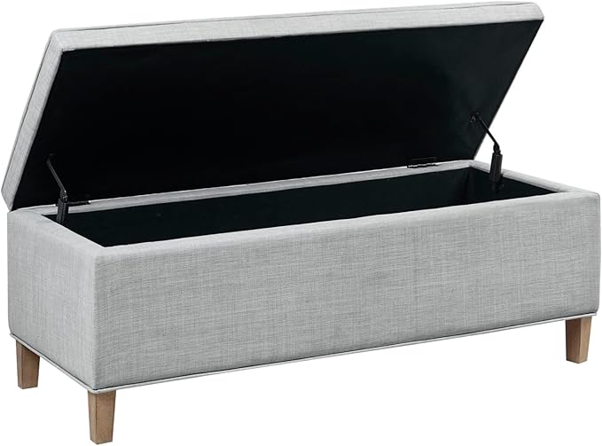 Martha Stewart Caymus Rectangular Storage Ottoman Bench, Upholstered Textured Fabric, Soft Hinge, Pipped Edges with Solid Wood Legs, Accent Furniture for Bedroom Décor, Easy to Assemble - Light Grey