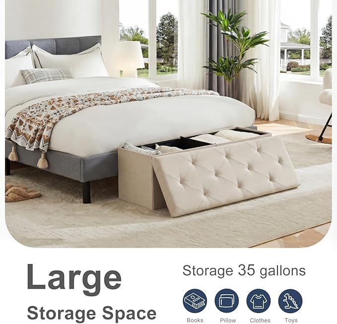 DUMOS 43 Inch Folding Storage Ottoman Bench, Large Hidden Storage Chest withThicker Foam Padded Seat, End of Bed Foot Rest Stool for Bedroom Living Room Entryway, Load 660 lbs, Beige