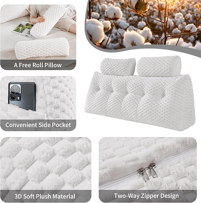 Wedge Headboard Pillow - Bed Wedge Pillow for Headboard Triangular Head board Pillows with Neck Roll -Large Bolster Pillows for Sitting in Bed Backrest Positioning Support (White,39x8x20 Inches)