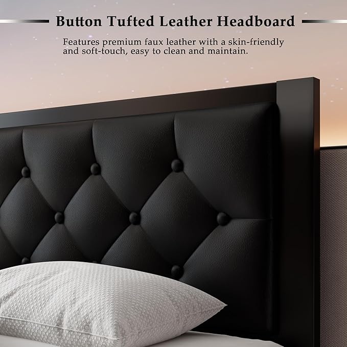 Feonase Twin Size Metal Bed Frame with Faux Leather Button Tufted Headboard, Heavy-Duty Platform Bed Frame with 12" Storage, Steel Slats Support, No Box Spring Needed, Noise Free, Black