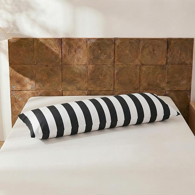 Merryword Body Pillow Cover 20x54inches, 100% Cotton Pillow Case, Black and White Striped Pillowcase, Luxury Linen Like Pillowcase, Soft Breathable Wide Stripes Long Pillowcase, 1-Piece