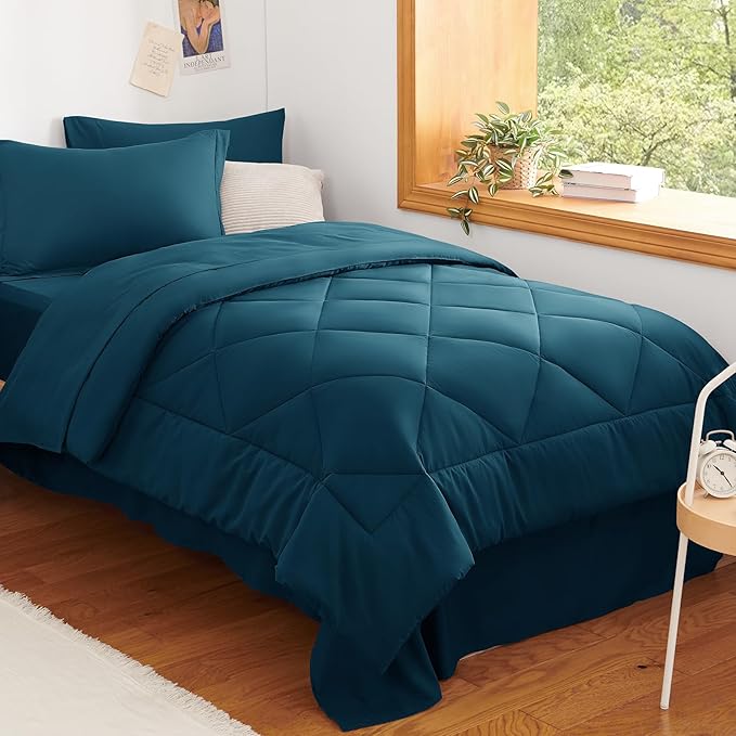 CozyLux Twin XL Comforter Set Lyons Blue - 5 Pieces Twin Extra Long Bed in a Bag for College Dorm, All Season Bedding Set for Girls and Boys, Soft Bed Set with Comforter, Sheets, Pillowcase & Sham