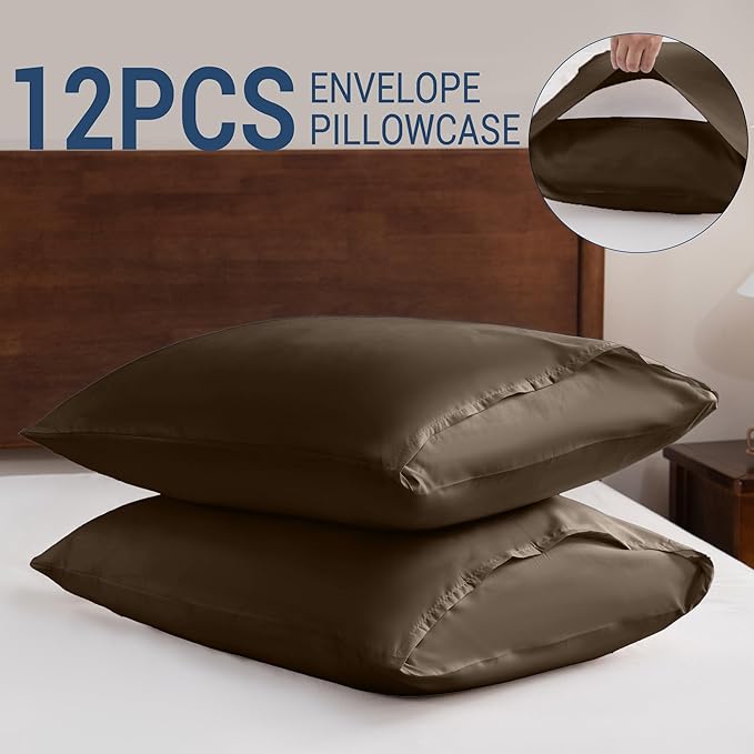 Pillowcases King 12 Pack, 20x36 Pillow Cases with Envelope Closure, Soft Plain Brushed Microfiber Covers Breathable Wrinkle-Resistant, Brown