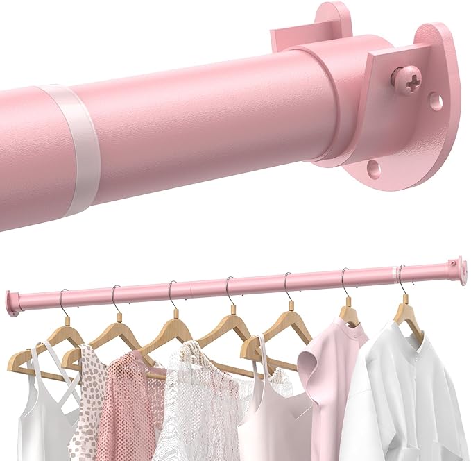 Supforce Closet Rods for Hanging Clothes, 17 to 39 Inches Stepless Adjustable Metal Closet Rod, 1.3 Inches Heavy Duty Clothes Hanging Rod for Closet Wardrobes Laundry RV, Pink