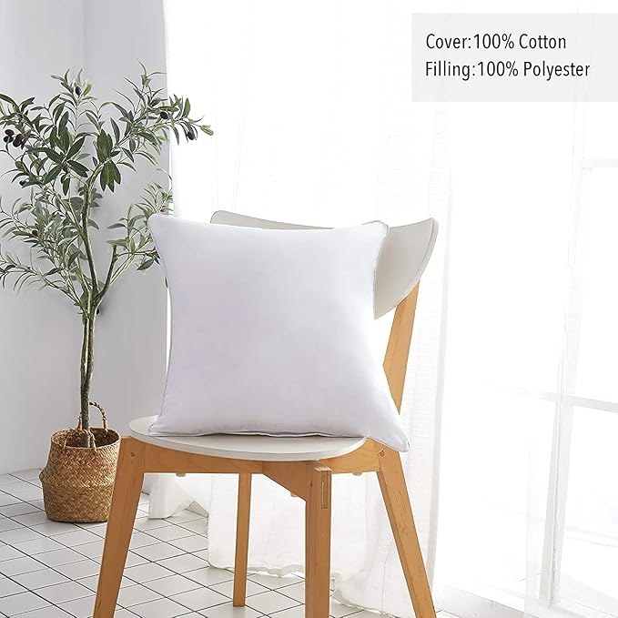 Leeden 18 x 18 Pillow Inserts (Set of 4) - Throw Pillow Inserts with 100% Cotton Cover - 18 Inch Square Interior Sofa Pillow Inserts - Decorative Pillow Insert Pair - White Couch Pillow