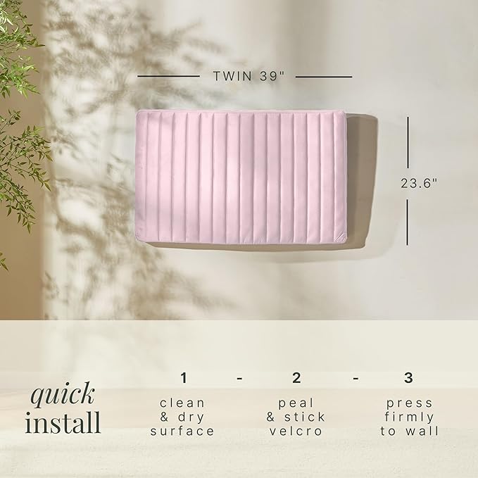 Hearth & Harbor Twin Headboard Only, Floating Wall Mounted Headboard Twin Size, Easy Assemble Upholstered Peel and Stick Headboards, 3D Soundproof Bed Wall Panels, Velvet Stick on Headboards, Pink