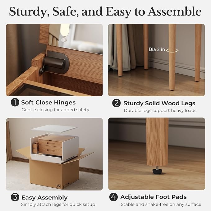 Muwuele Solid Wood Small Vanity Desk with Mirror and Lights, Narrow Makeup Vanity for Small Space, Flip Top Vanity Side Table, 3 Color Modes & Adjustable Brightness, 19.6" Slim Dressing Table, Natural