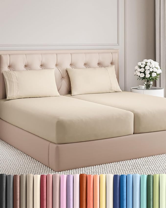 Split King Size 5 Piece Sheet Set - Comfy Breathable & Cooling Sheets - Hotel Luxury Bed Sheets for Women & Men - Deep Pockets, Easy-Fit, Soft and Wrinkle Free Sheets - Wheat Oeko-Tex Bed Sheet Set