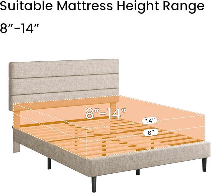 Full Platform Bed Frame with Adjustable Linen Fabric Upholstered Headboard, Strong Slats Support, Noise-Free, No Box Spring Required, Easy Assembly for Bedroom Guest Room, Beige