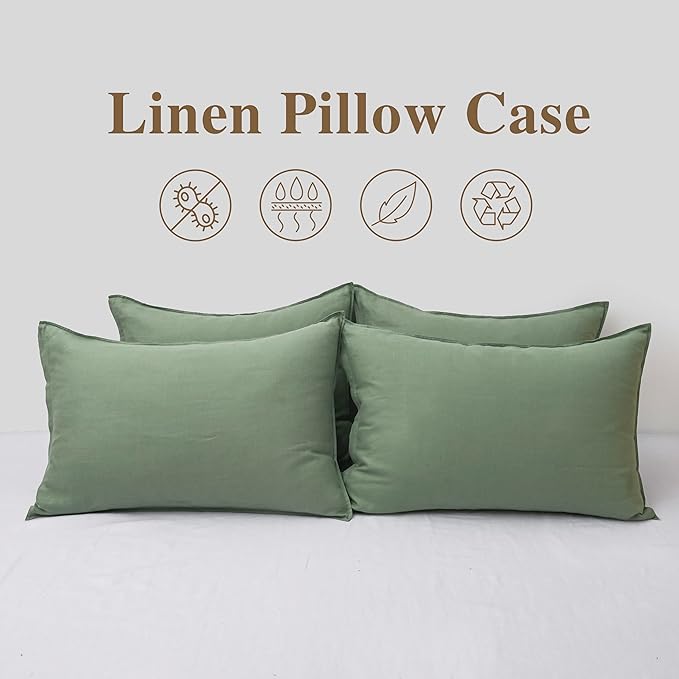CHUFFED Linen Pillowcases 2 Pack 100% Linen Standard Pillow Cases, Breathable and Cooling Washed Pillowshams with Zipper Closure, 20x36 Inches,Saga Green
