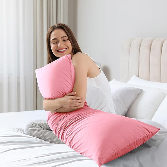 WhatsBedding Memory Foam Body Pillow with Breathable Zippered Cotton Cover, Full Body Pillow for Adults, Long Pillow for Sleeping, Firm Pillow Breathable Fluffy Supportive - Foggy Pink