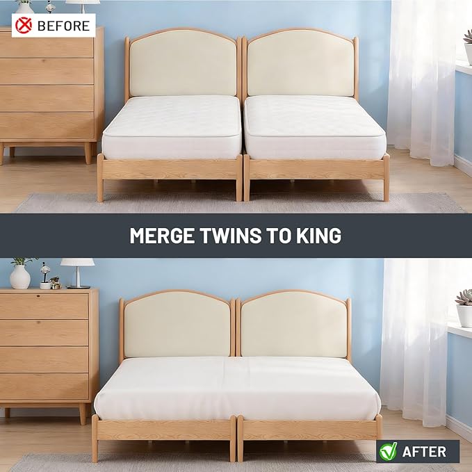 3-in-1 Fitted Sheet with Bed Bridge | Twin XL to King Converter Kit with Split King Gap Filler for Adjustable Bed,Integrated Bed Bridge Kit,White