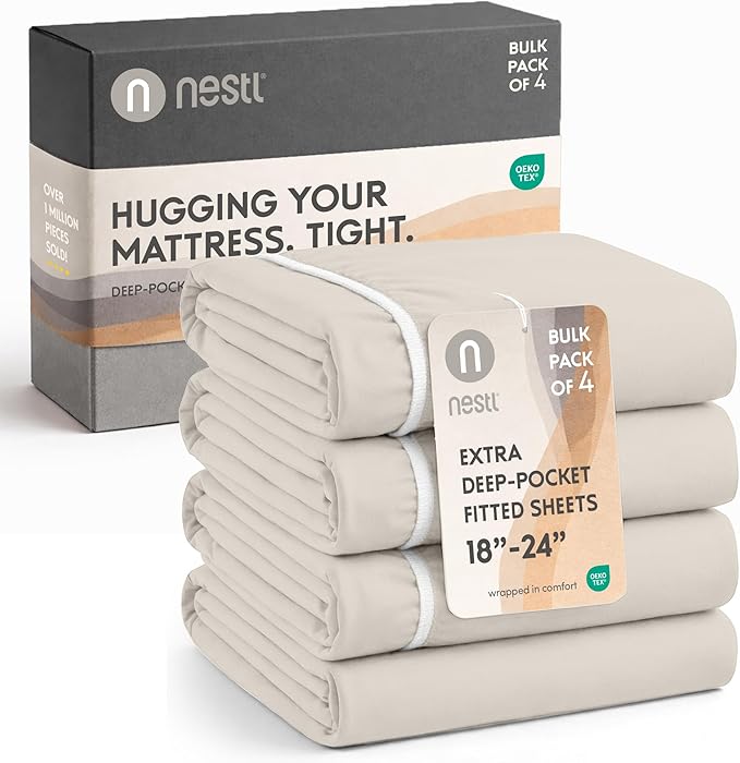 Nestl 4 Pack Linen Fitted Sheet Extra Deep Pocket, Hotel Luxury Cal King Fitted Sheet Only Easily Fits 18 to 24 Inch Mattress, Super Soft, Wrinkle-Free and Breathable with Corner Straps